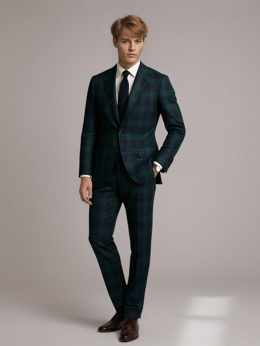 Classic Notch Lapel Men's 3 Pieces Teal Plaid Formal Suit