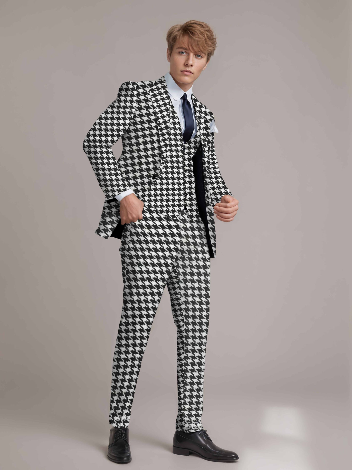 Timeless Peak Lapel Men's 3 Pieces Check Suit Houndstooth Business Suit