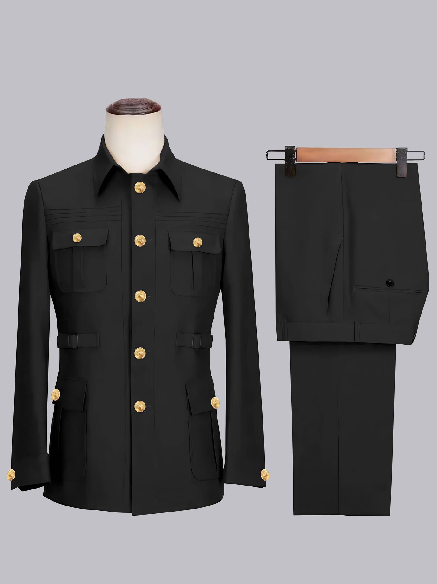 Classic Belted Safari Style Men's 2 Pieces Single Breasted Casual Suits