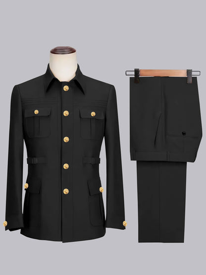 Classic Belted Safari Style Men's 2 Pieces Single Breasted Casual Suits