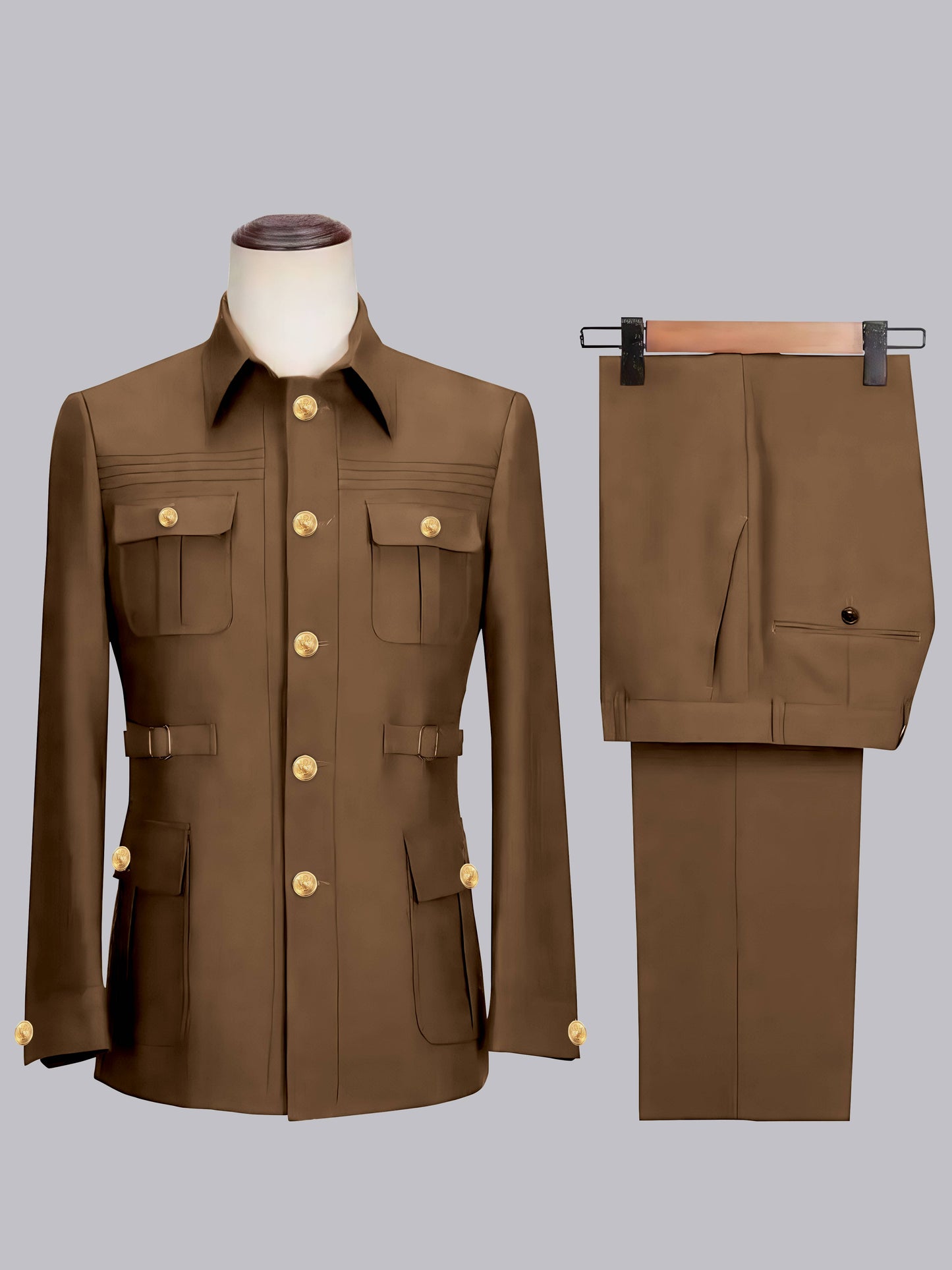 Classic Belted Safari Style Men's 2 Pieces Single Breasted Casual Suits