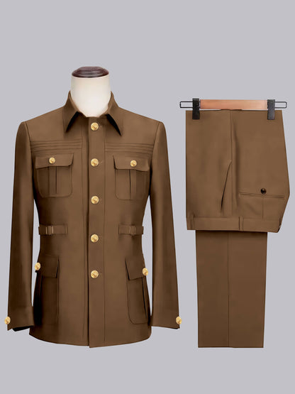 Classic Belted Safari Style Men's 2 Pieces Single Breasted Casual Suits