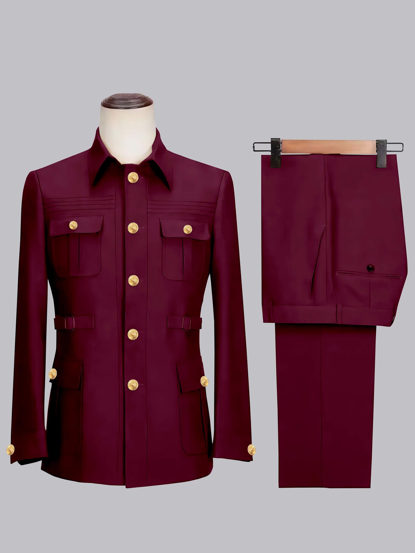 Classic Belted Safari Style Men's 2 Pieces Single Breasted Casual Suits