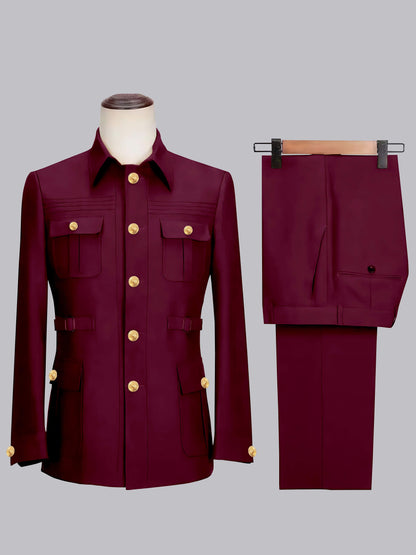 Classic Belted Safari Style Men's 2 Pieces Single Breasted Casual Suits