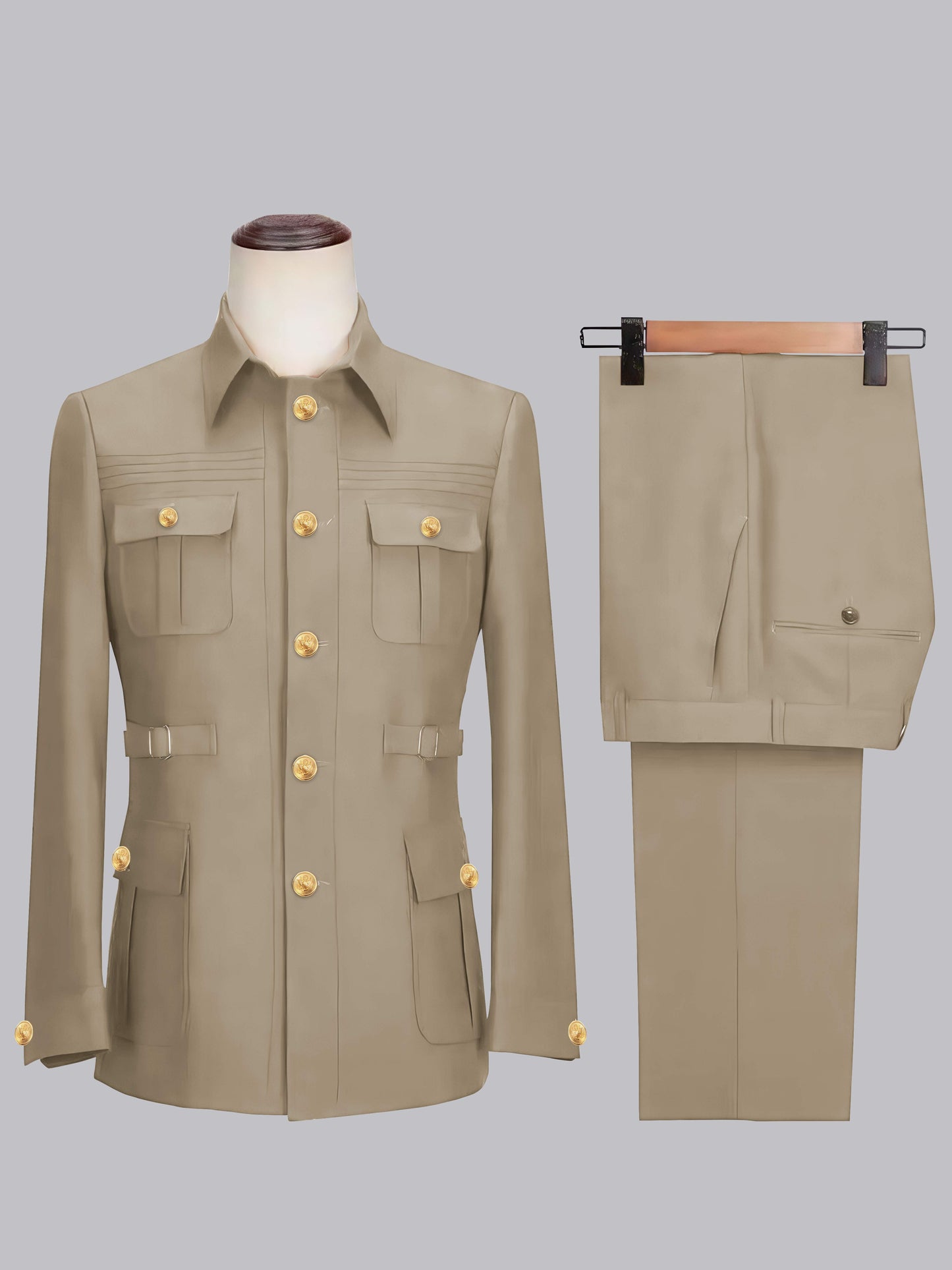 Classic Belted Safari Style Men's 2 Pieces Single Breasted Casual Suits