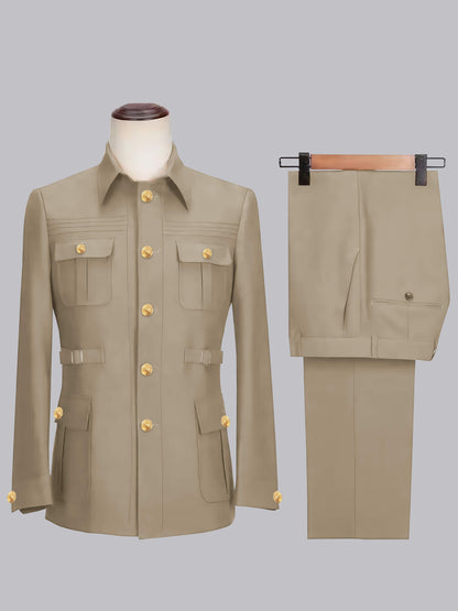 Classic Belted Safari Style Men's 2 Pieces Single Breasted Casual Suits