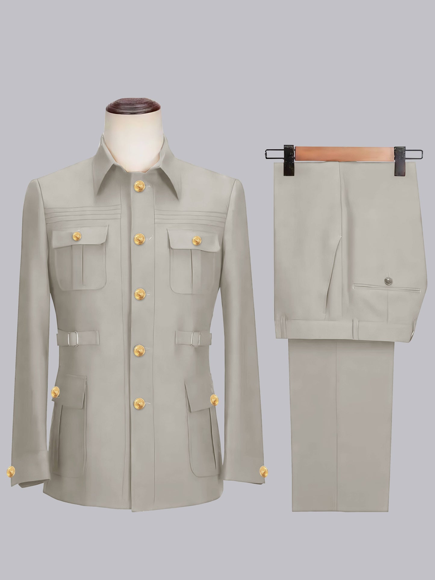 Classic Belted Safari Style Men's 2 Pieces Single Breasted Casual Suits