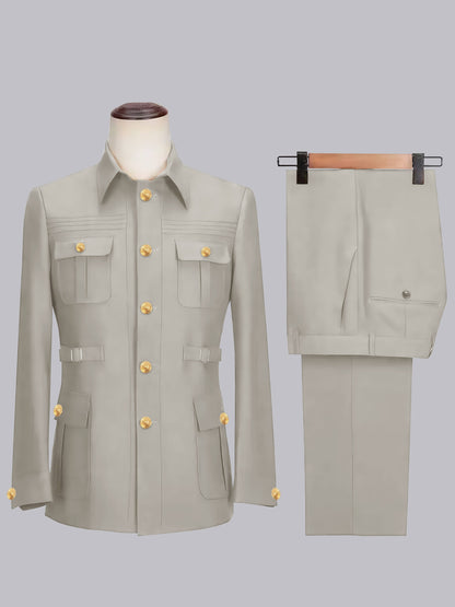 Classic Belted Safari Style Men's 2 Pieces Single Breasted Casual Suits