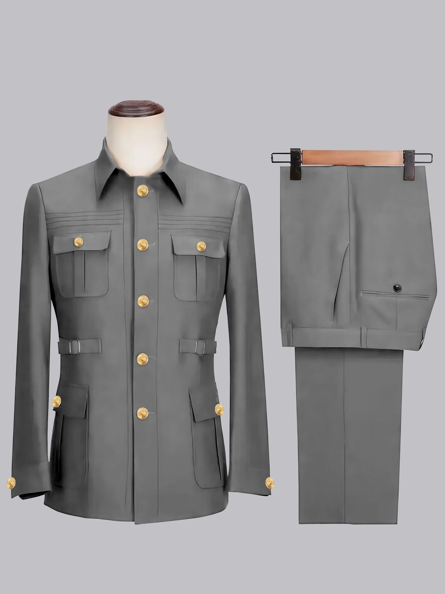 Classic Belted Safari Style Men's 2 Pieces Single Breasted Casual Suits