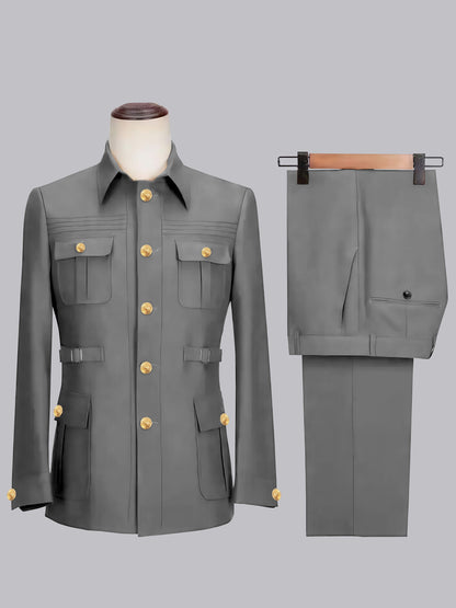 Classic Belted Safari Style Men's 2 Pieces Single Breasted Casual Suits