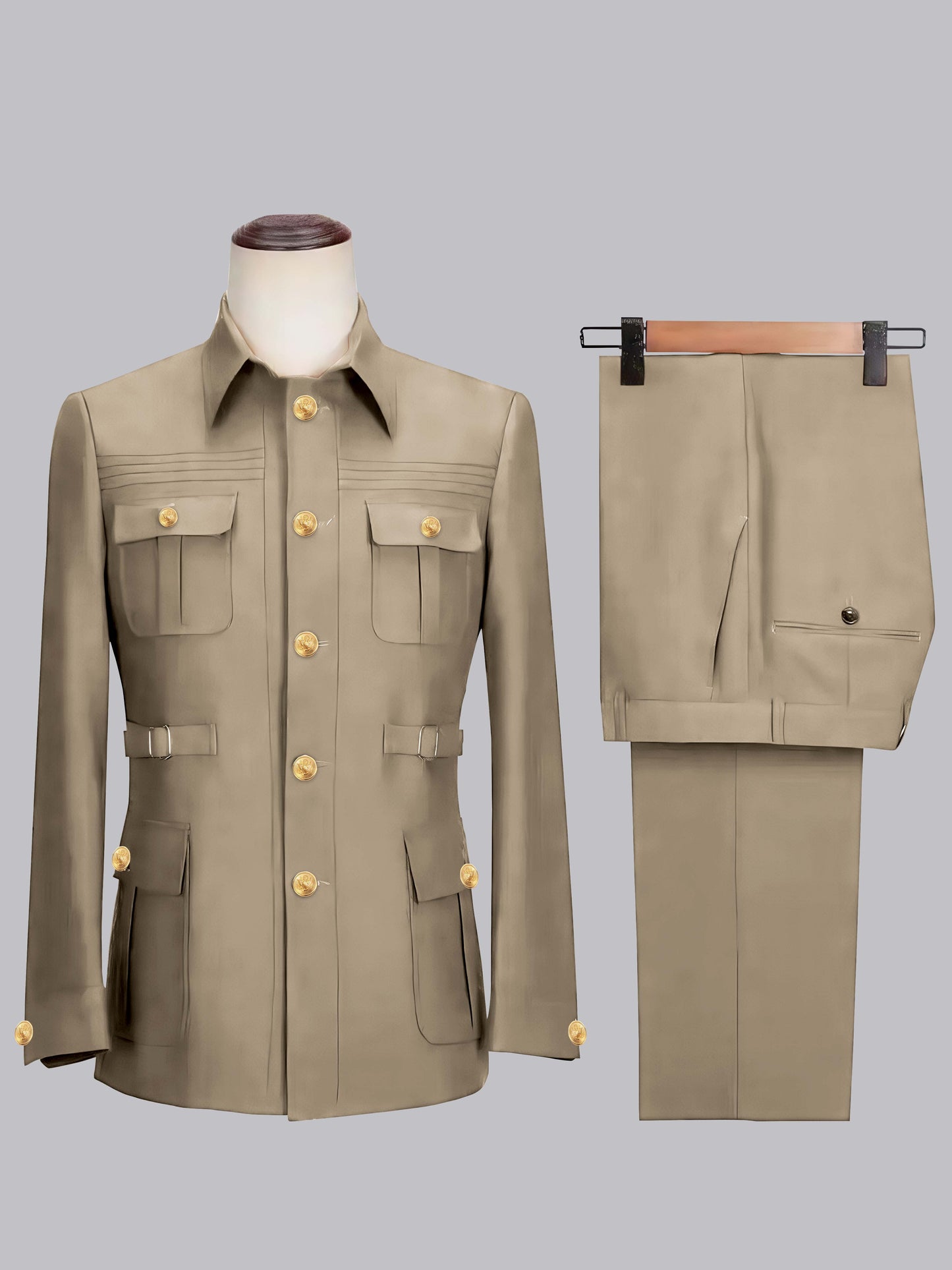 Classic Belted Safari Style Men's 2 Pieces Single Breasted Casual Suits