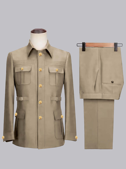 Classic Belted Safari Style Men's 2 Pieces Single Breasted Casual Suits
