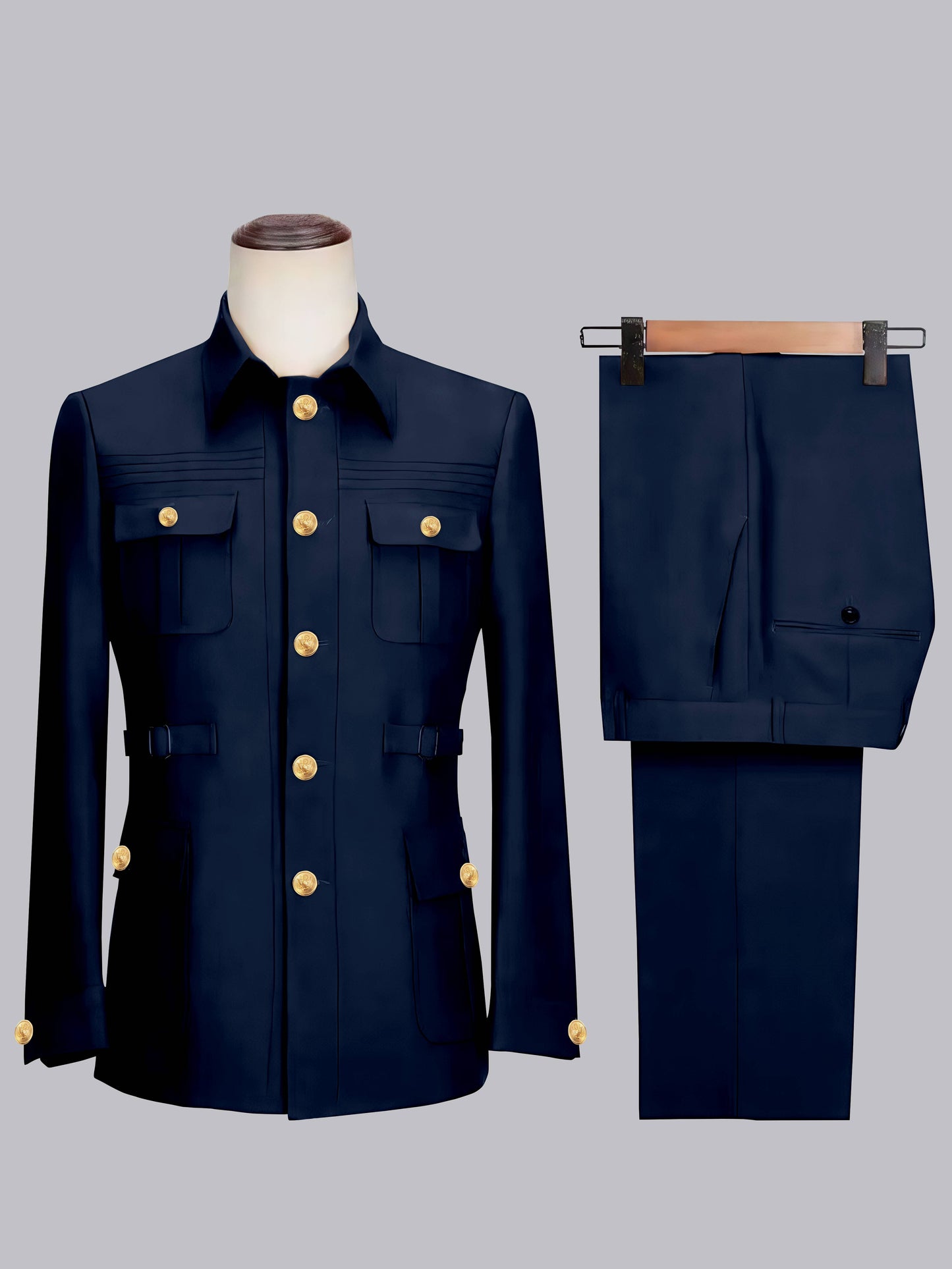 Classic Belted Safari Style Men's 2 Pieces Single Breasted Casual Suits