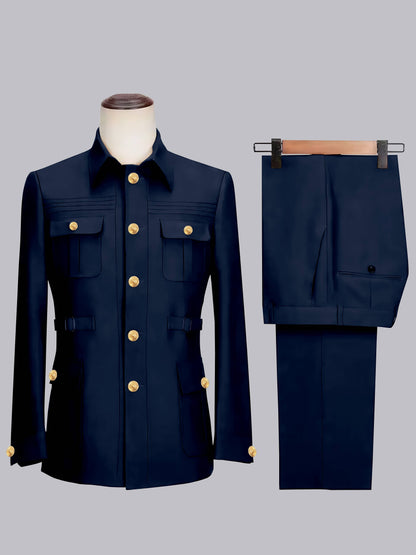 Classic Belted Safari Style Men's 2 Pieces Single Breasted Casual Suits