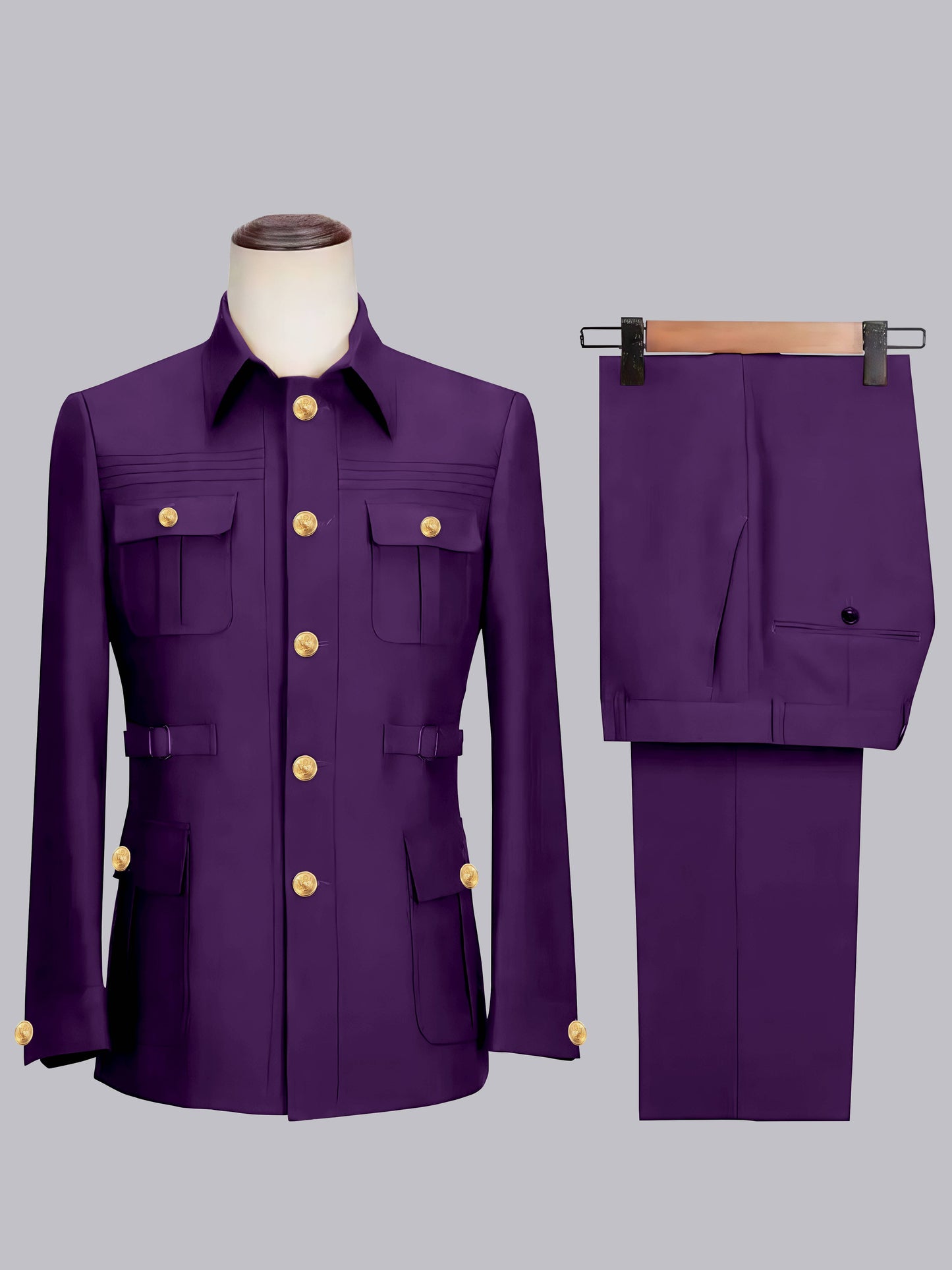 Classic Belted Safari Style Men's 2 Pieces Single Breasted Casual Suits