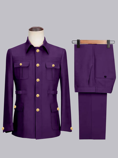 Classic Belted Safari Style Men's 2 Pieces Single Breasted Casual Suits