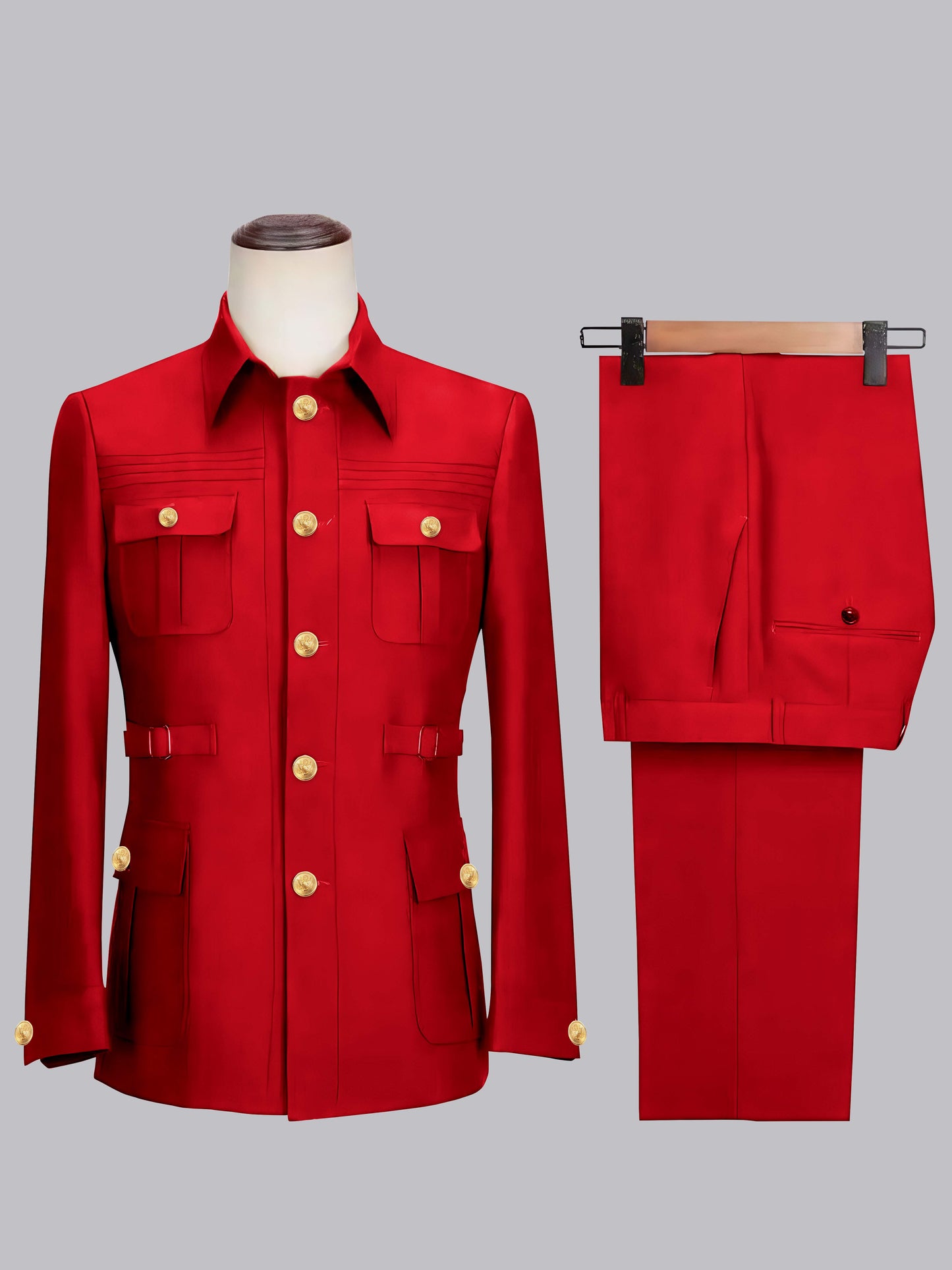 Classic Belted Safari Style Men's 2 Pieces Single Breasted Casual Suits