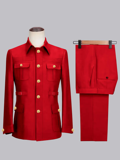 Classic Belted Safari Style Men's 2 Pieces Single Breasted Casual Suits