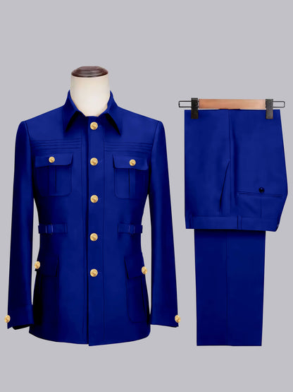 Classic Belted Safari Style Men's 2 Pieces Single Breasted Casual Suits