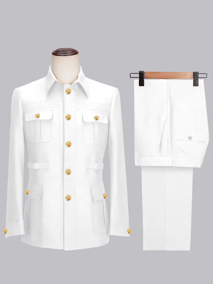 Classic Belted Safari Style Men's 2 Pieces Single Breasted Casual Suits