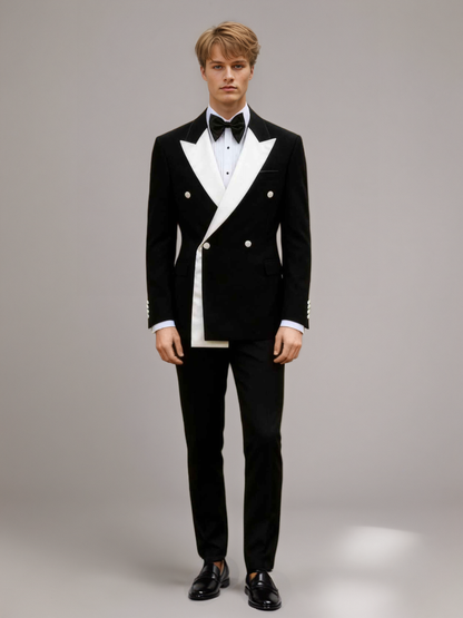 Distinguished Peak Lapel Men's Double Breasted Blazer with Trim Band Detailing