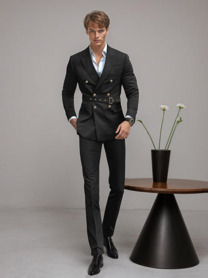 Refined Belted Peak Lapel Men's 2 Pieces Double Breasted Business Suits