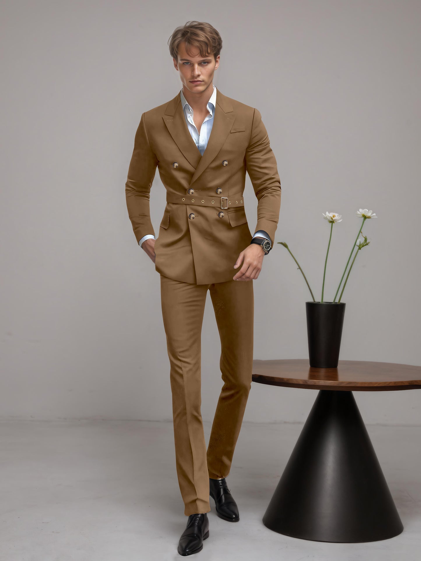 Refined Belted Peak Lapel Men's 2 Pieces Double Breasted Business Suits