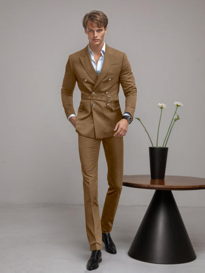 Refined Belted Peak Lapel Men's 2 Pieces Double Breasted Business Suits