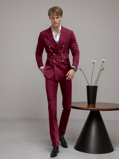 Refined Belted Peak Lapel Men's 2 Pieces Double Breasted Business Suits