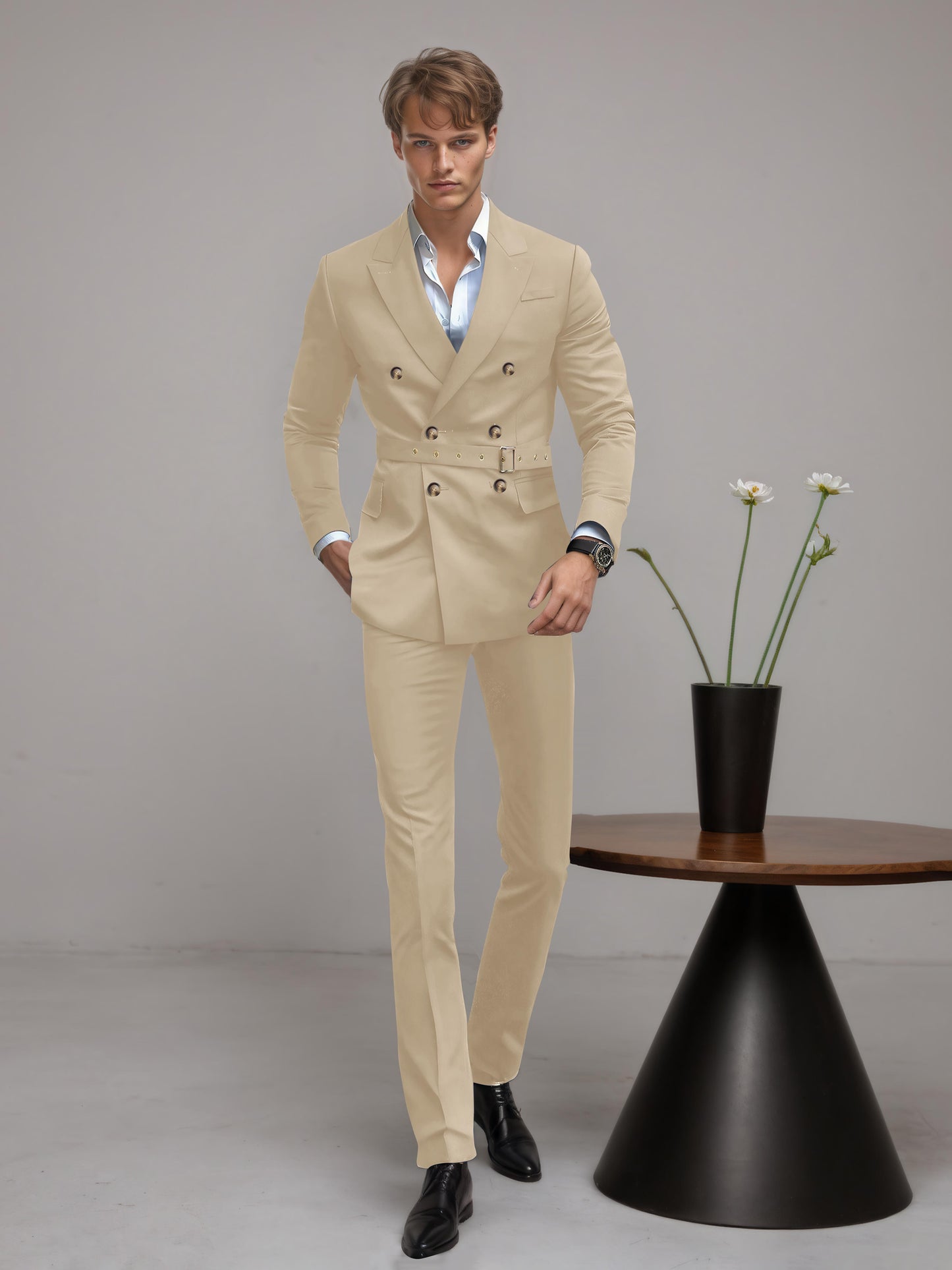 Refined Belted Peak Lapel Men's 2 Pieces Double Breasted Business Suits