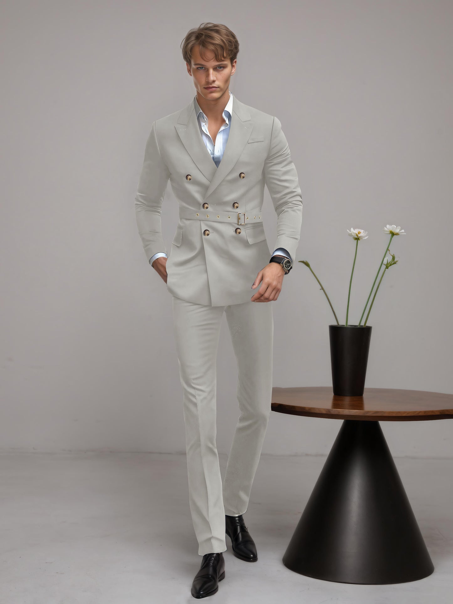 Refined Belted Peak Lapel Men's 2 Pieces Double Breasted Business Suits