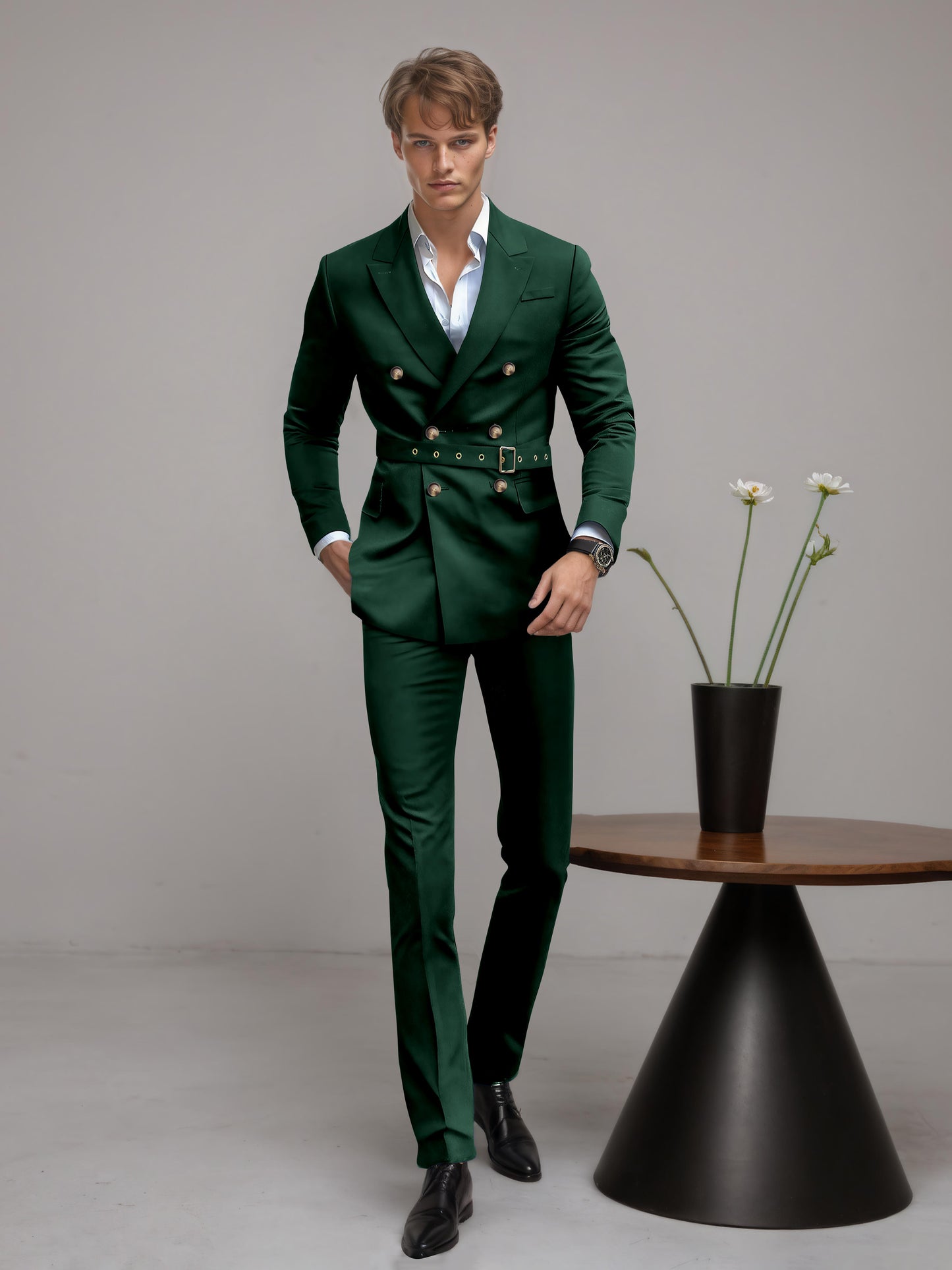 Refined Belted Peak Lapel Men's 2 Pieces Double Breasted Business Suits