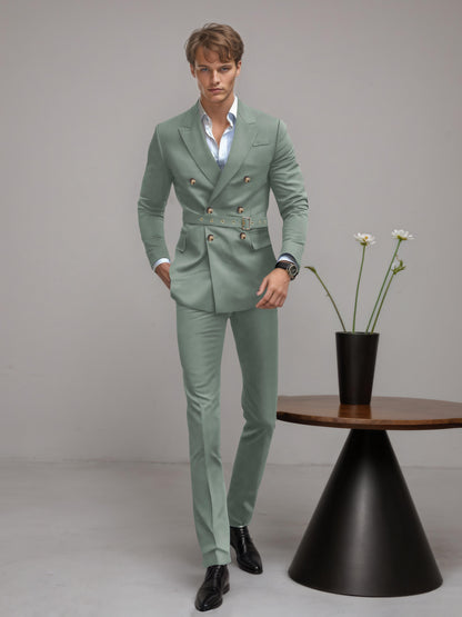 Refined Belted Peak Lapel Men's 2 Pieces Double Breasted Business Suits