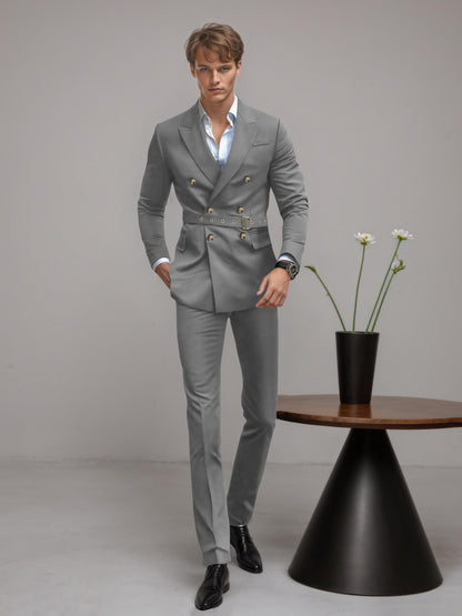 Refined Belted Peak Lapel Men's 2 Pieces Double Breasted Business Suits