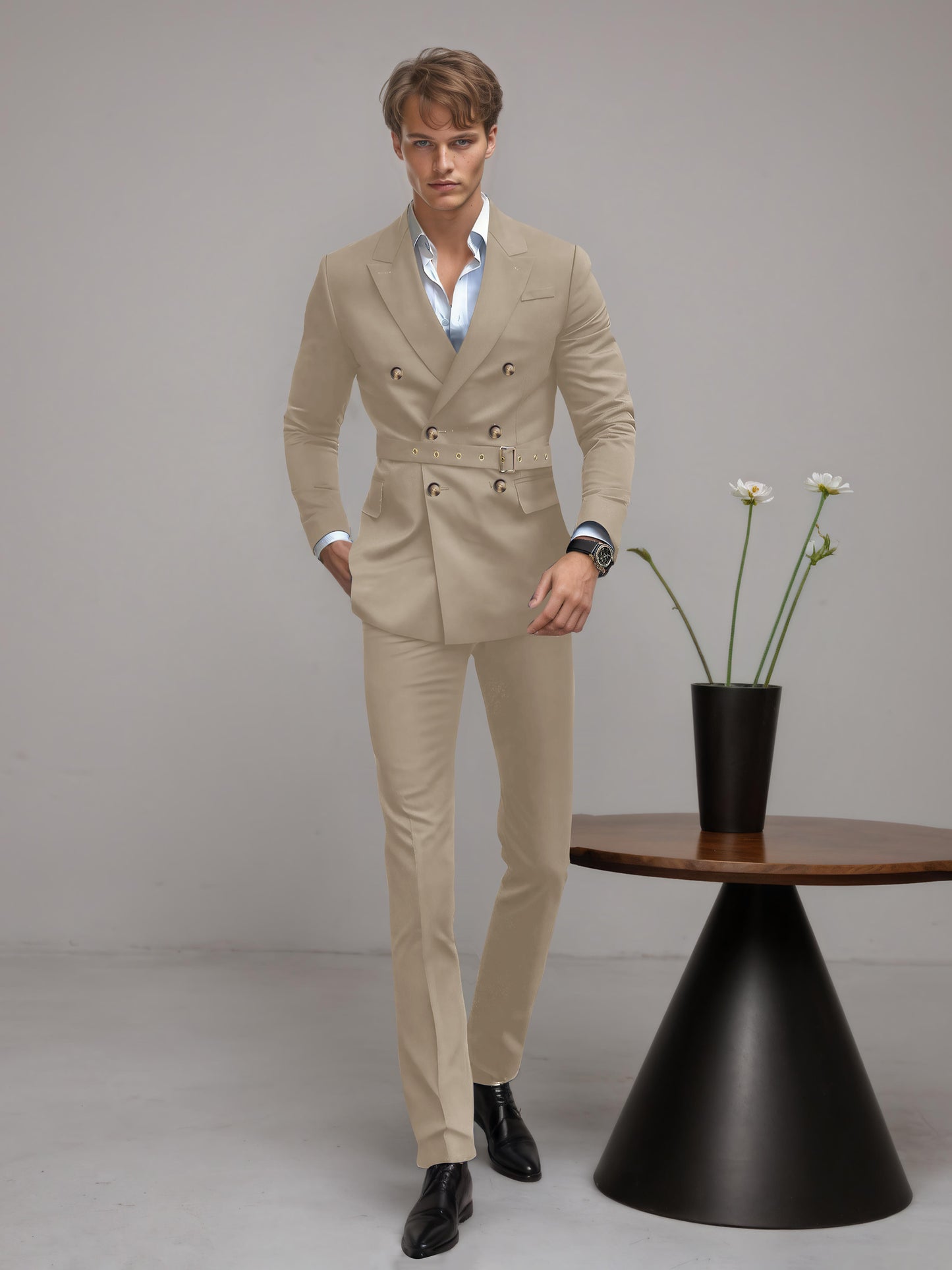 Refined Belted Peak Lapel Men's 2 Pieces Double Breasted Business Suits