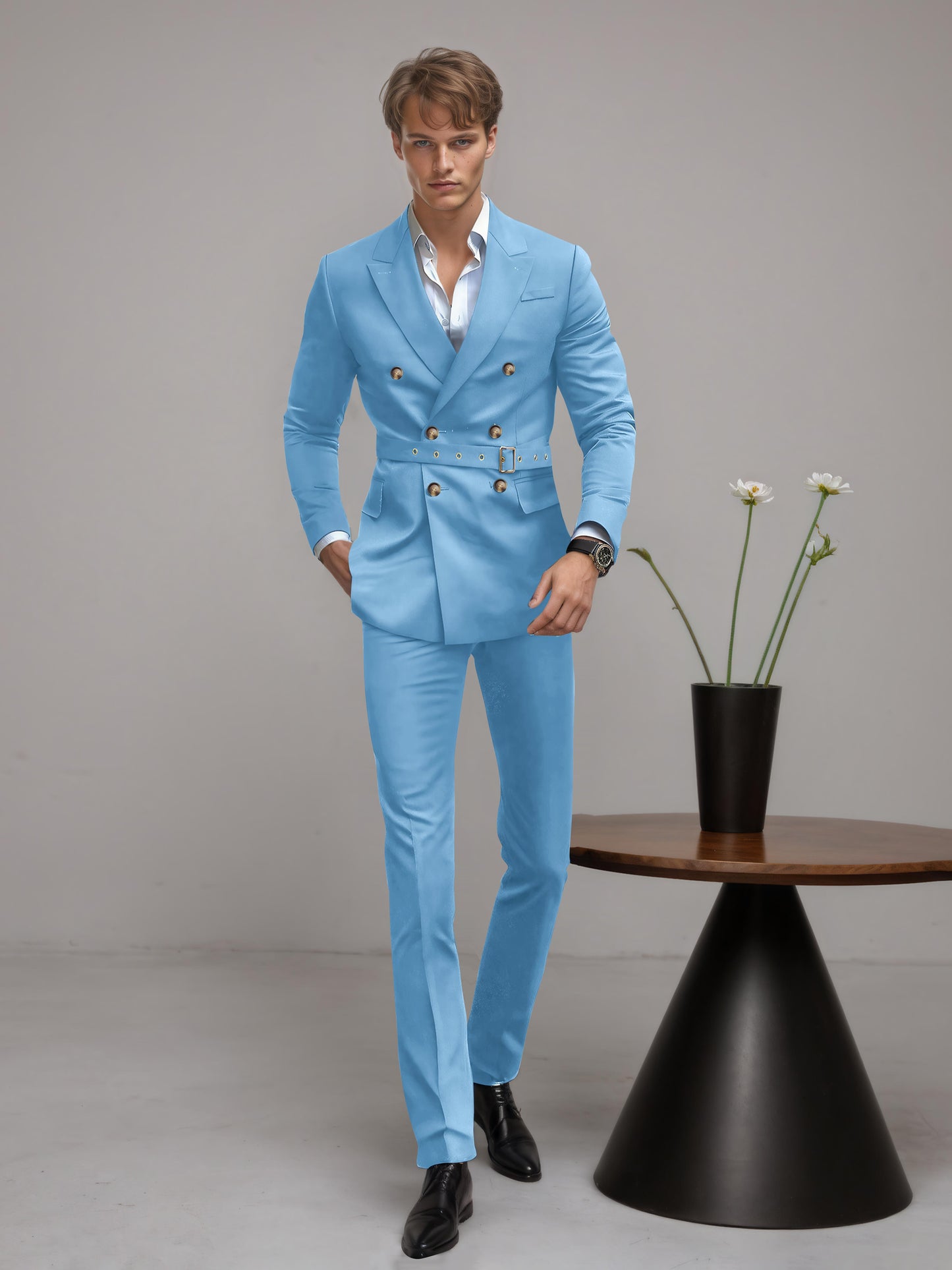 Refined Belted Peak Lapel Men's 2 Pieces Double Breasted Business Suits