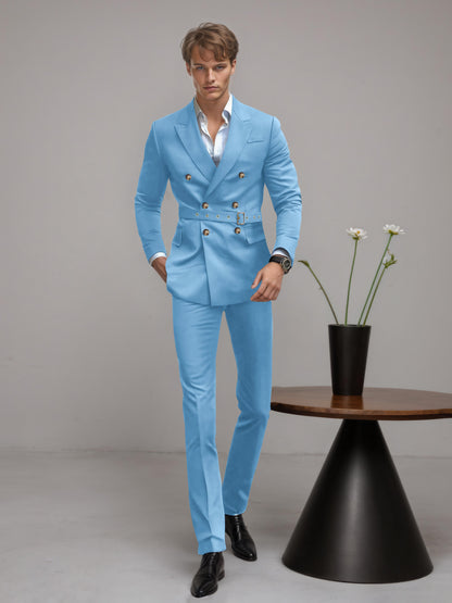Refined Belted Peak Lapel Men's 2 Pieces Double Breasted Business Suits