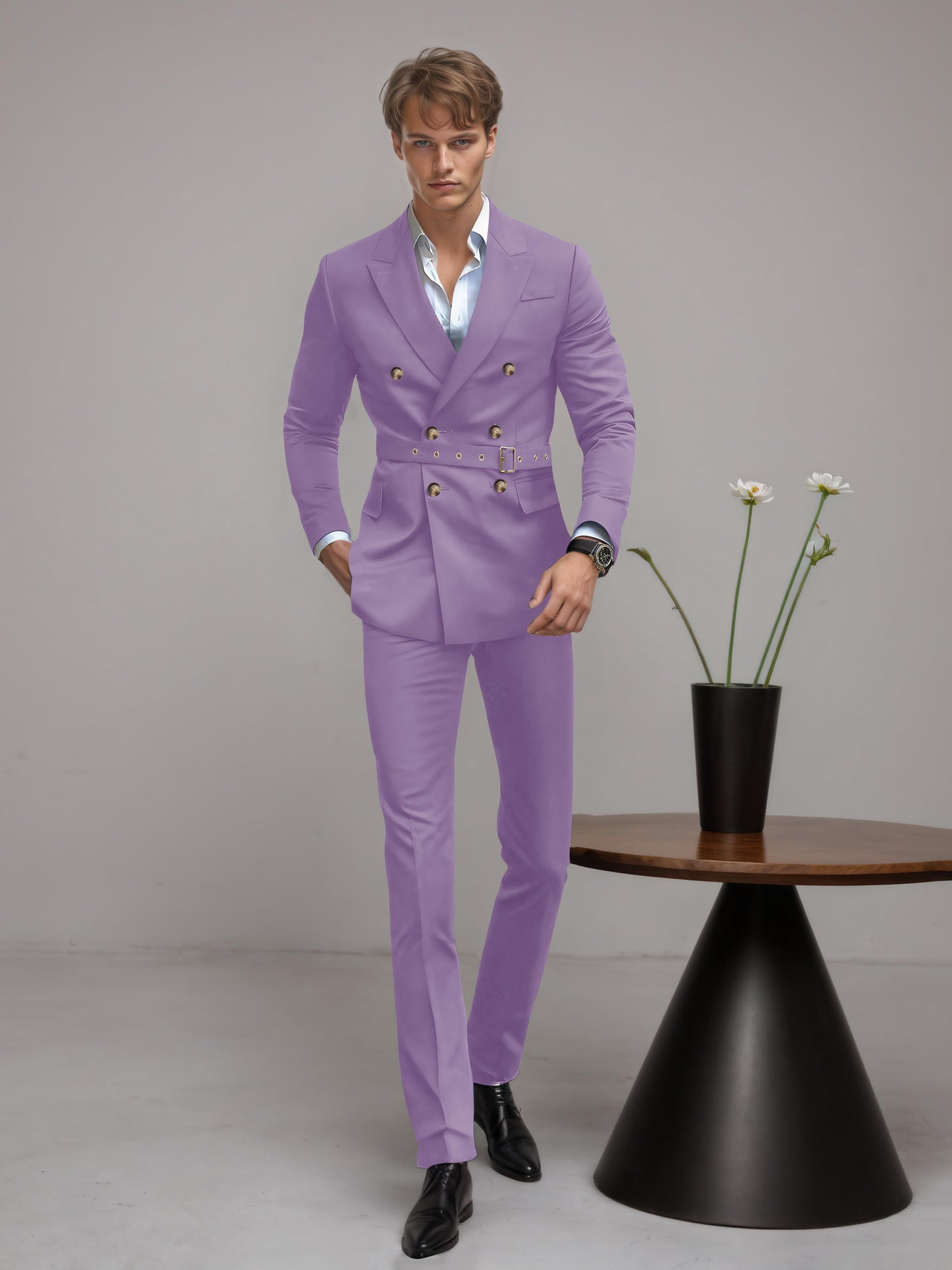 Refined Belted Peak Lapel Men's 2 Pieces Double Breasted Business Suits