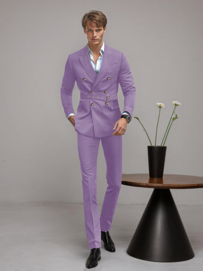 Refined Belted Peak Lapel Men's 2 Pieces Double Breasted Business Suits
