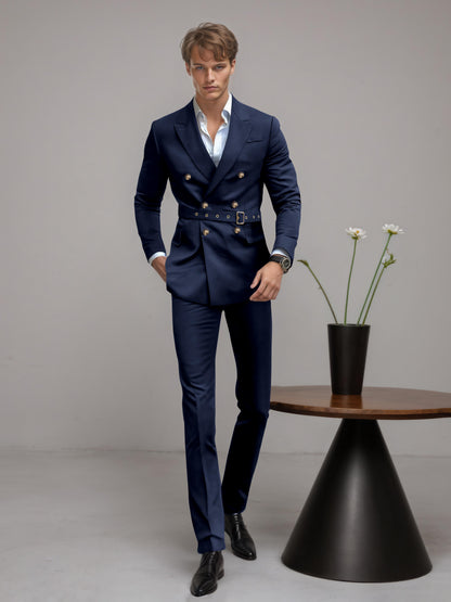 Refined Belted Peak Lapel Men's 2 Pieces Double Breasted Business Suits