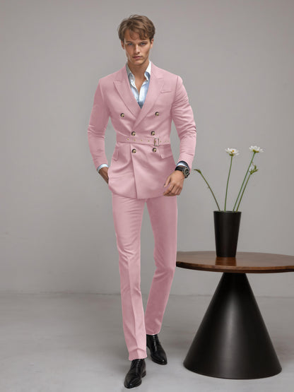 Refined Belted Peak Lapel Men's 2 Pieces Double Breasted Business Suits