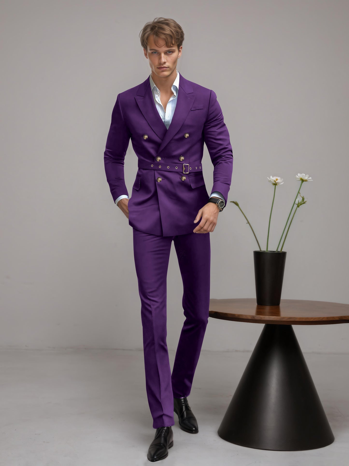 Refined Belted Peak Lapel Men's 2 Pieces Double Breasted Business Suits