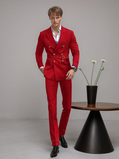Refined Belted Peak Lapel Men's 2 Pieces Double Breasted Business Suits