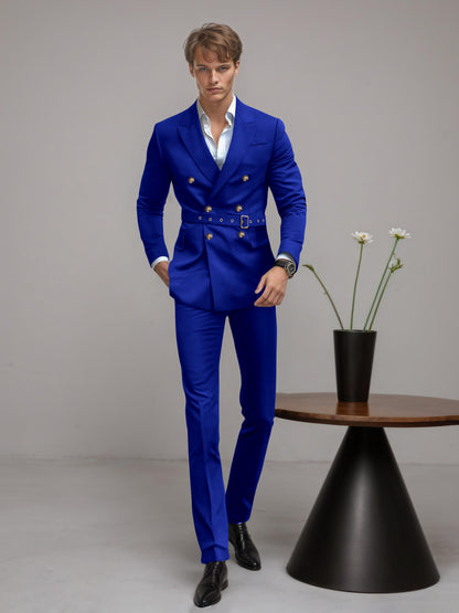 Refined Belted Peak Lapel Men's 2 Pieces Double Breasted Business Suits