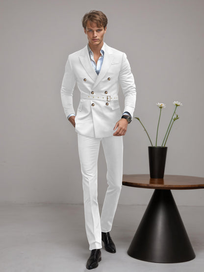 Refined Belted Peak Lapel Men's 2 Pieces Double Breasted Business Suits